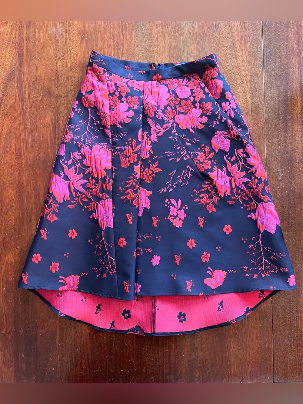 Anthropologie Navy High-Low Skirt with Pink and Red Floral Jacquard